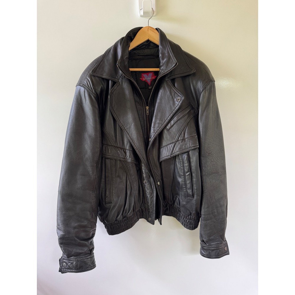 Vintage Verducci Mens Black Leather Bomber Jacket Size Large Removable Liner